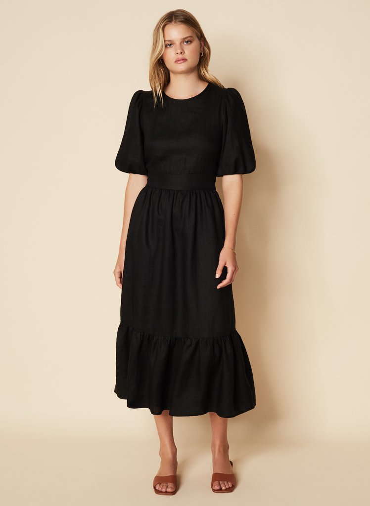 faithfull the brand black midi dress FAITHFULL THE BRAND Janielle Midi Dress Plain Black