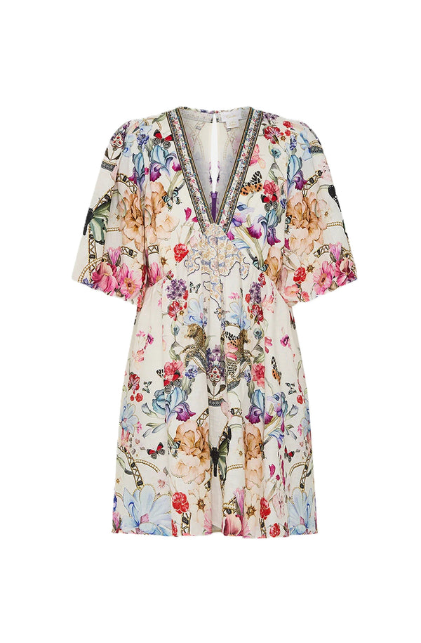 CAMILLA Women V Neck Puff Sleeve Short Dress - Monserrate Magic