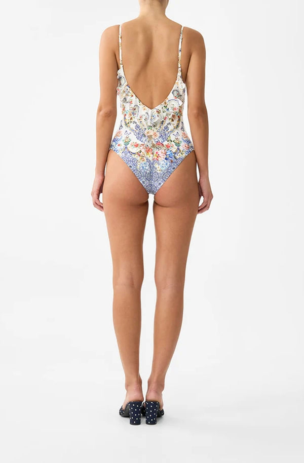 CAMILLA Women Plunge V Neck One Piece With Frill And Trim - The Pottery Parlour