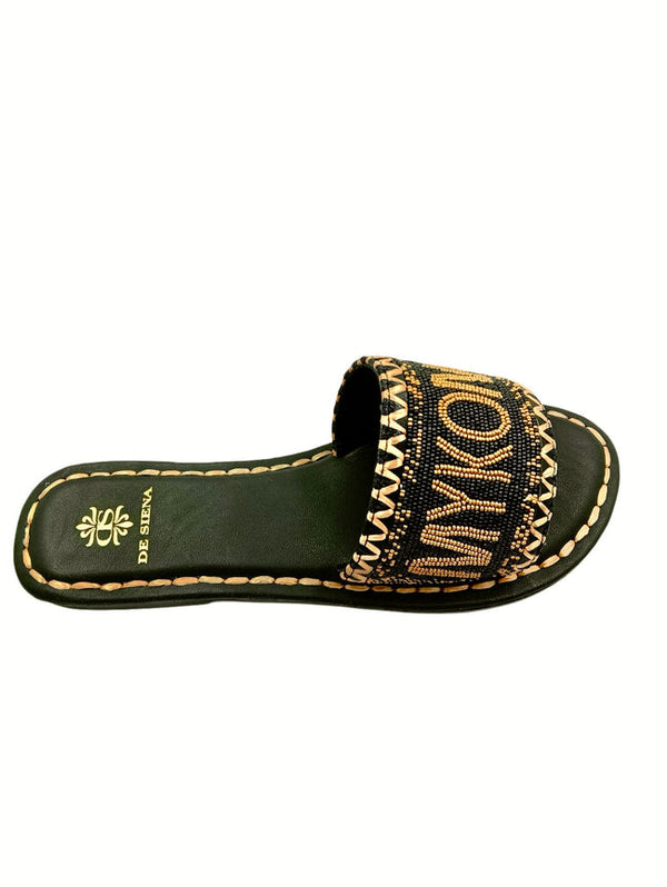 DE SIENA Women Mykonos Beaded Black Gold Slip On Sandals