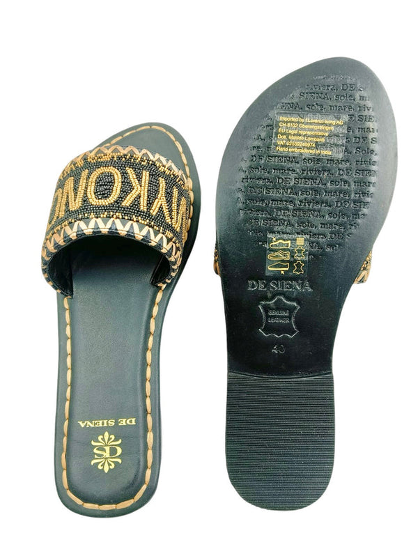DE SIENA Women Mykonos Beaded Black Gold Slip On Sandals