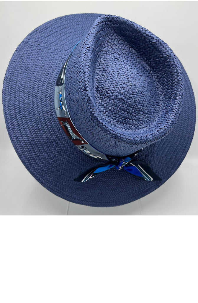 R by RALU Natural Straw Hat Unisex Fedora - Blue