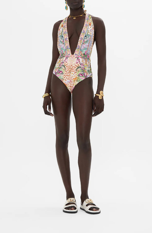CAMILLA Women Plunge Neck Halter One Piece - Flowers Of Neptune