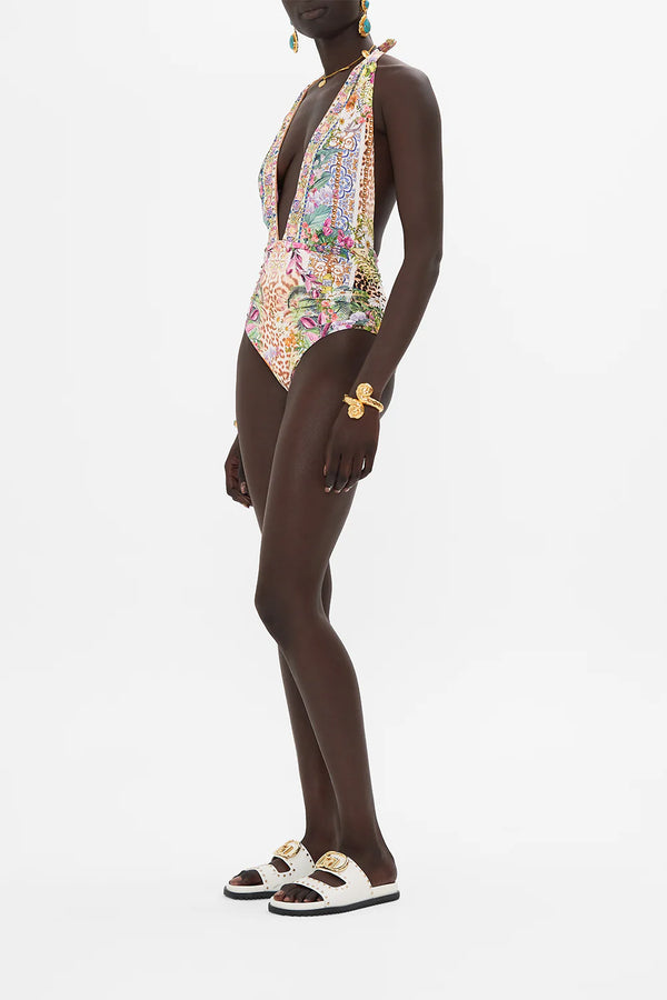 CAMILLA Women Plunge Neck Halter One Piece - Flowers Of Neptune