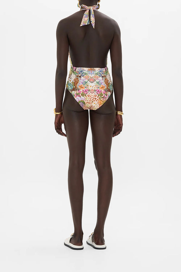 CAMILLA Women Plunge Neck Halter One Piece - Flowers Of Neptune