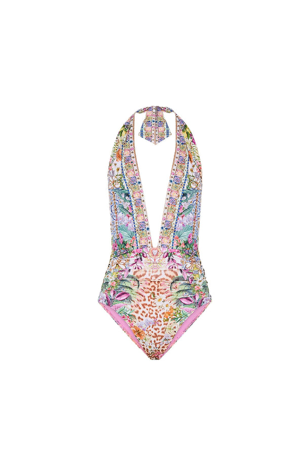 CAMILLA Women Plunge Neck Halter One Piece - Flowers Of Neptune