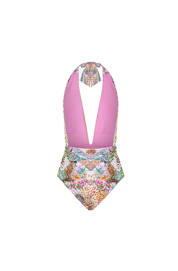 CAMILLA Women Plunge Neck Halter One Piece - Flowers Of Neptune