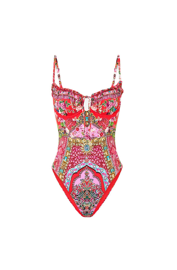 CAMILLA Women Ruched Cup Underwire One-Piece Swimsuit with Front Tie - Heirloom Empire