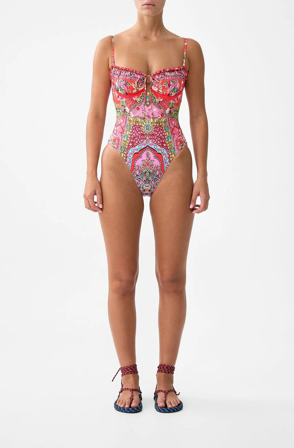 CAMILLA Women Ruched Cup Underwire One-Piece Swimsuit with Front Tie - Heirloom Empire