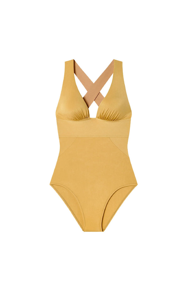 PAIN de SUCRE Women Capri Gold Cross-Back One-Piece Swimsuit