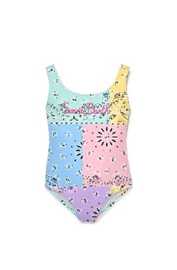 MC2 SAINT BARTH Girls Round Neck One-Piece Swimsuit Bandanna Round Color Embroidery