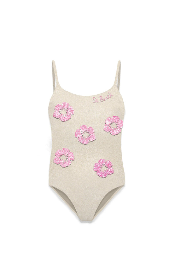 MC2 SAINT BARTH Girls Round Neck One-Piece Swimsuit Shiny Glitter Hibiscus