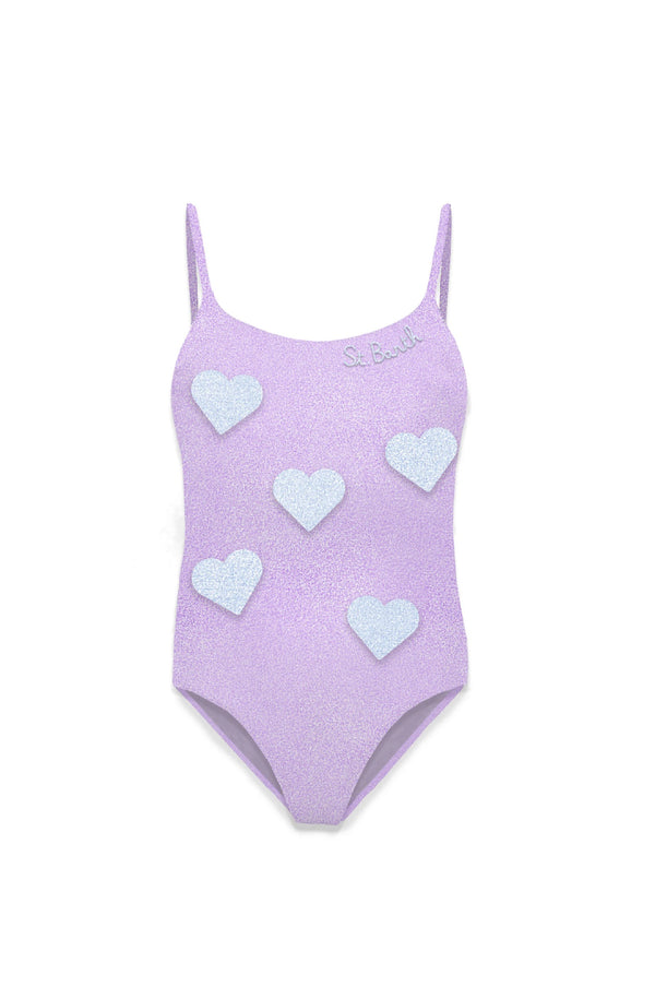 MC2 SAINT BARTH Girls Round Neck One-Piece Swimsuit Shiny Glitter Hearts
