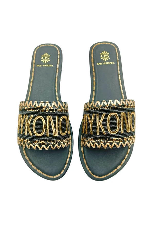 DE SIENA Women Mykonos Beaded Black Gold Slip On Sandals