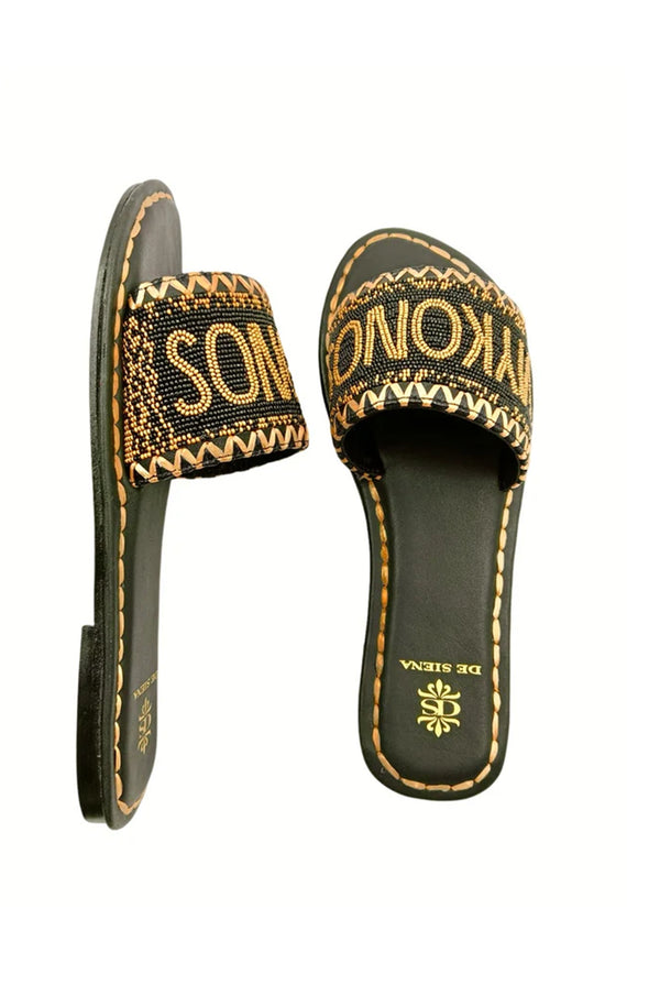 DE SIENA Women Mykonos Beaded Black Gold Slip On Sandals