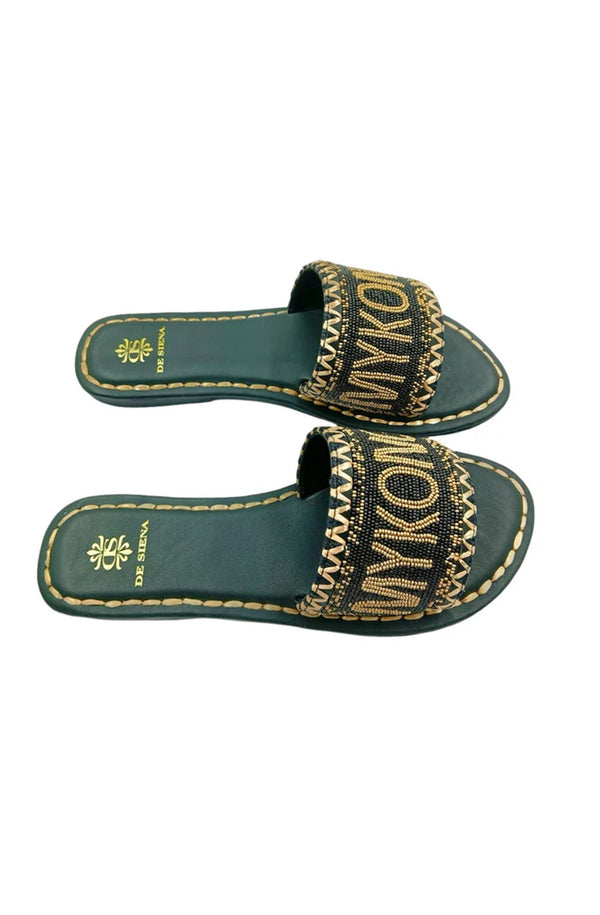 DE SIENA Women Mykonos Beaded Black Gold Slip On Sandals