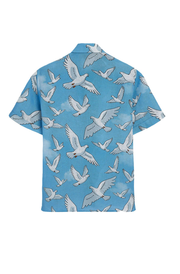 VILEBREQUIN Men Linen Bowling Shirt Doves - Vilebrequin x 3.PARADIS