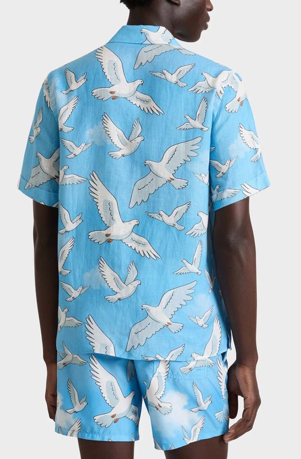 VILEBREQUIN Men Linen Bowling Shirt Doves - Vilebrequin x 3.PARADIS