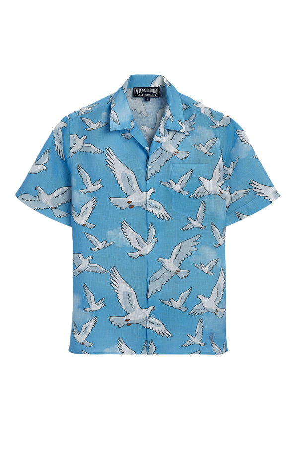 VILEBREQUIN Men Linen Bowling Shirt Doves - Vilebrequin x 3.PARADIS