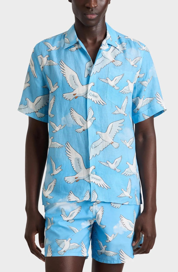 VILEBREQUIN Men Linen Bowling Shirt Doves - Vilebrequin x 3.PARADIS