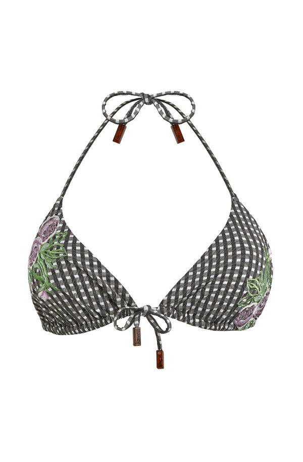 VILEBREQUIN Women Triangle Bikini Top Pocket Check Embroidered Flowers