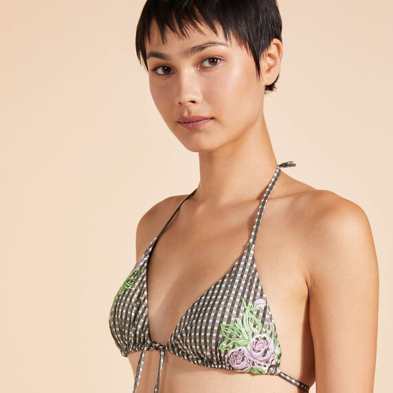 VILEBREQUIN Women Triangle Bikini Top Pocket Check Embroidered Flowers