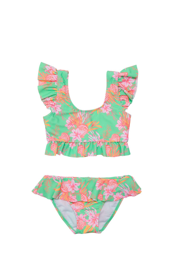 SNAPPERROCK Girls Coastal Shells Sustainable Frilled Crop Bikini