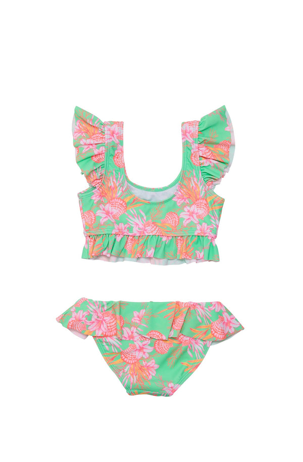 SNAPPERROCK Girls Coastal Shells Sustainable Frilled Crop Bikini
