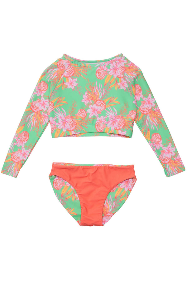 SNAPPERROCK Girls Coastal Shells Sustainable Crop Lon Sleave Rash Top Set
