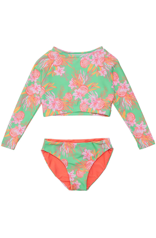 SNAPPERROCK Girls Coastal Shells Sustainable Crop Lon Sleave Rash Top Set