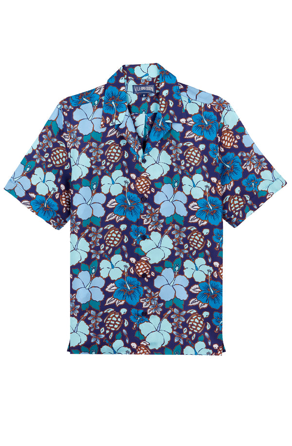 VILEBREQUIN Men Silk Bowling Shirt Tropical Turtles