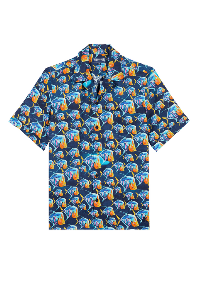 VILEBREQUIN Men Linen Bowling Shirt Piranhas