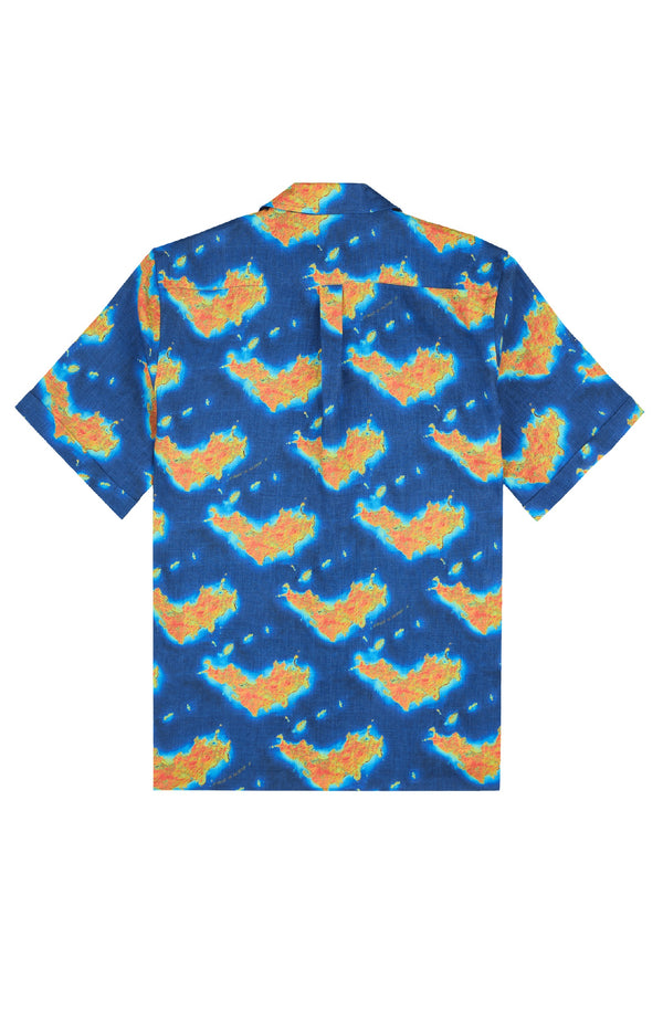 VILEBREQUIN Men Linen Bowling Shirt Bathymetrie des Oceans St. Barth