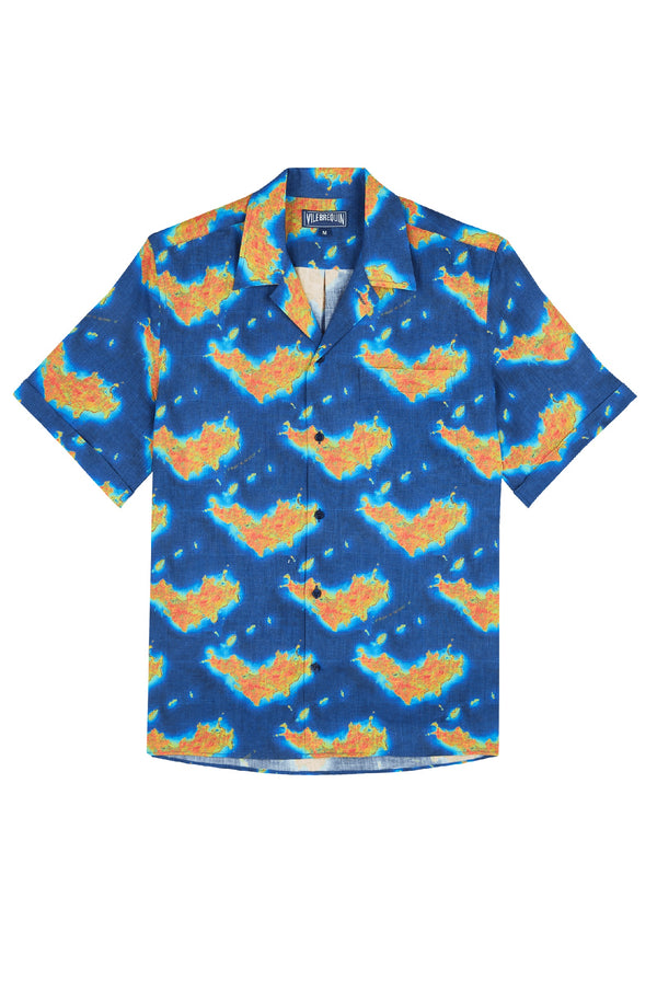 VILEBREQUIN Men Linen Bowling Shirt Bathymetrie des Oceans St. Barth