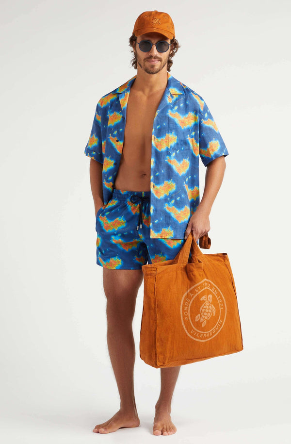 VILEBREQUIN Men Linen Bowling Shirt Bathymetrie des Oceans St. Barth