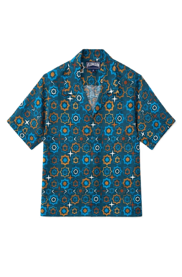 VILEBREQUIN Men Linen Bowling Shirt Geometric Print
