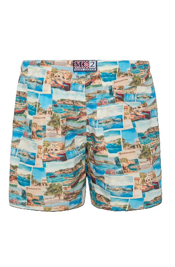 MC2 SAINT BARTH Men Lightweight Swim Shorts Lighting Porto Cervo Postcards by Rickdick