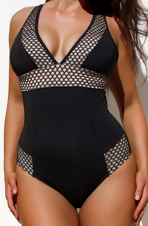 DOLCESSA Women Luxe Black Mesh One Piece Swimsuit