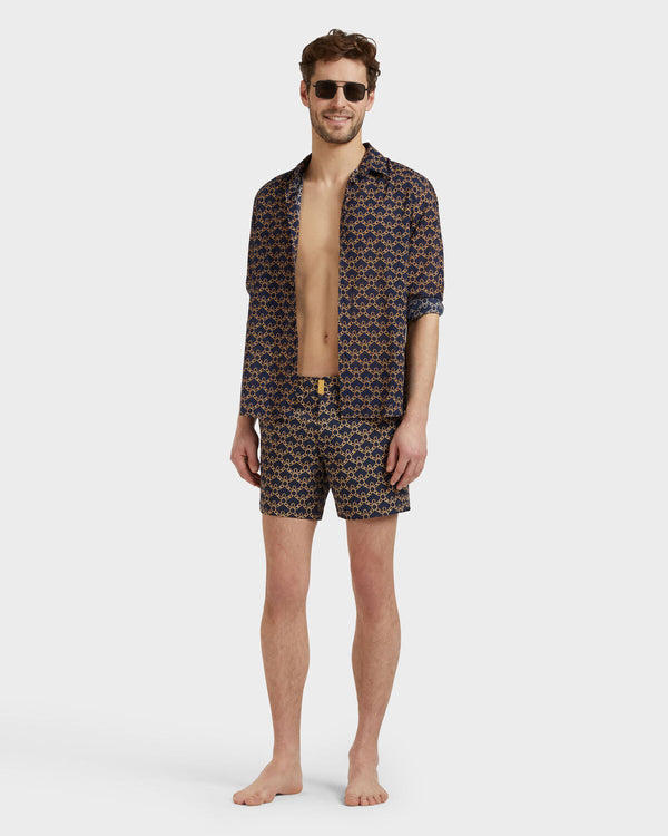 VILEBREQUIN Men Stretch Short Flat Belt Swim Shorts Turtles Chain