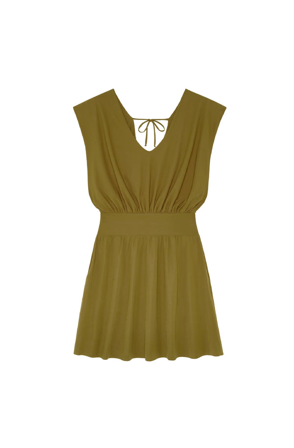 PAIN de SUCRE Women Nola Short Dress in Stretch Voile with a Bronze V-neck