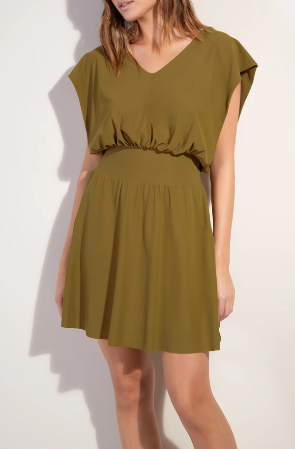 PAIN de SUCRE Women Nola Short Dress in Stretch Voile with a Bronze V-neck