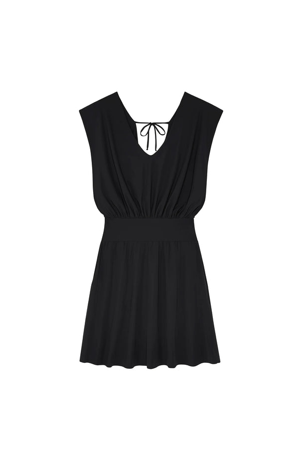 PAIN de SUCRE Women Nola Short Black Stretch Voile Dress with V-neck