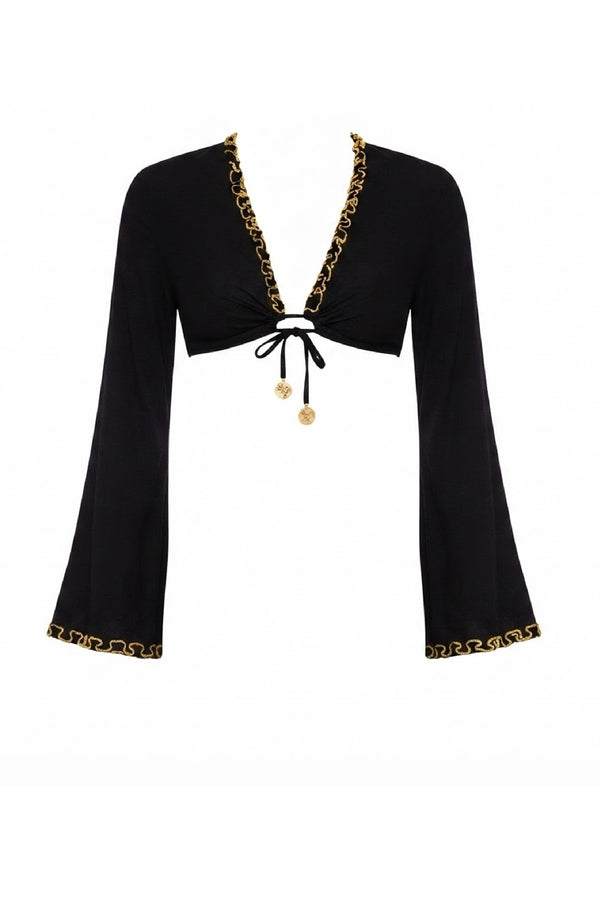 LULI FAMA Women Night Dreamer Bell Sleeve Crop Top