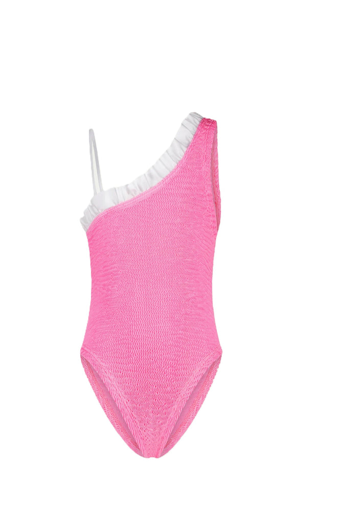 PARAMIDONNA Girls Single Shoulder One-Piece Swimsuit Nori Bubblegum