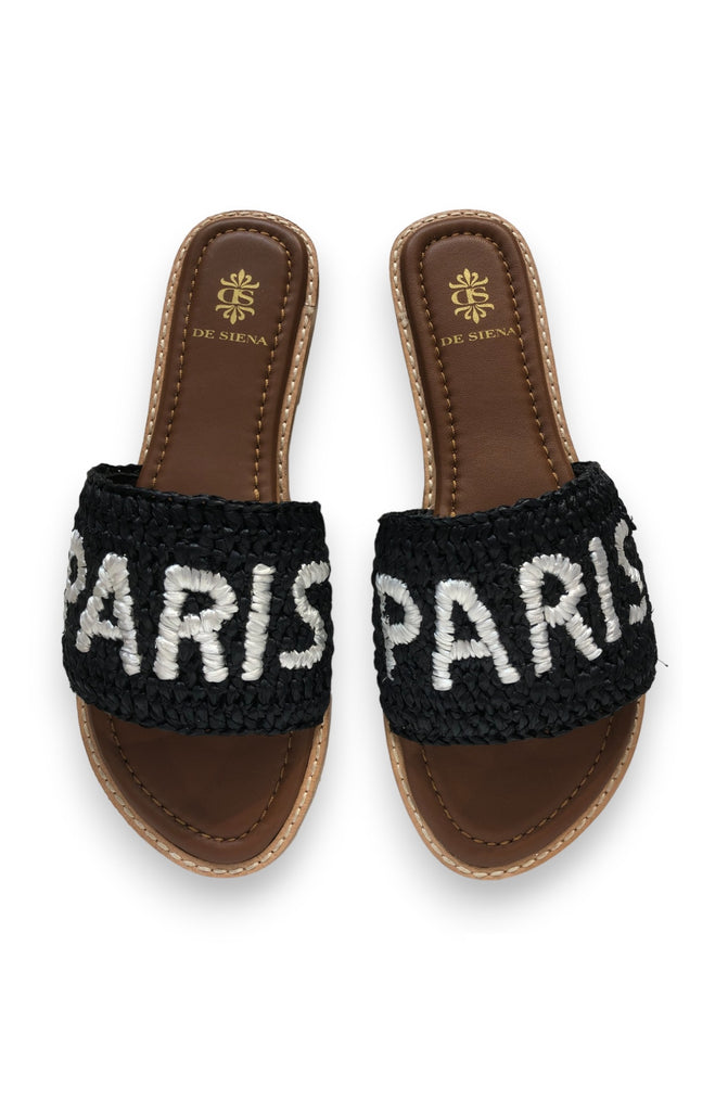 DE SIENA Paris Raffia Black Slip On Sandals