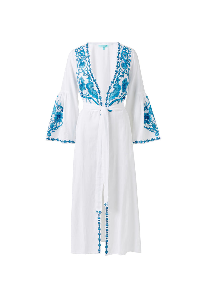MELISSA ODABASH Romilly White-Blue Embroidered Kaftan