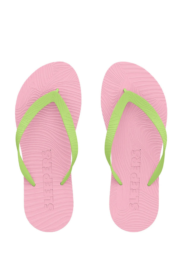 SLEEPERS Women Slim Wide Strap Pink with Green Strap Flip Flops
