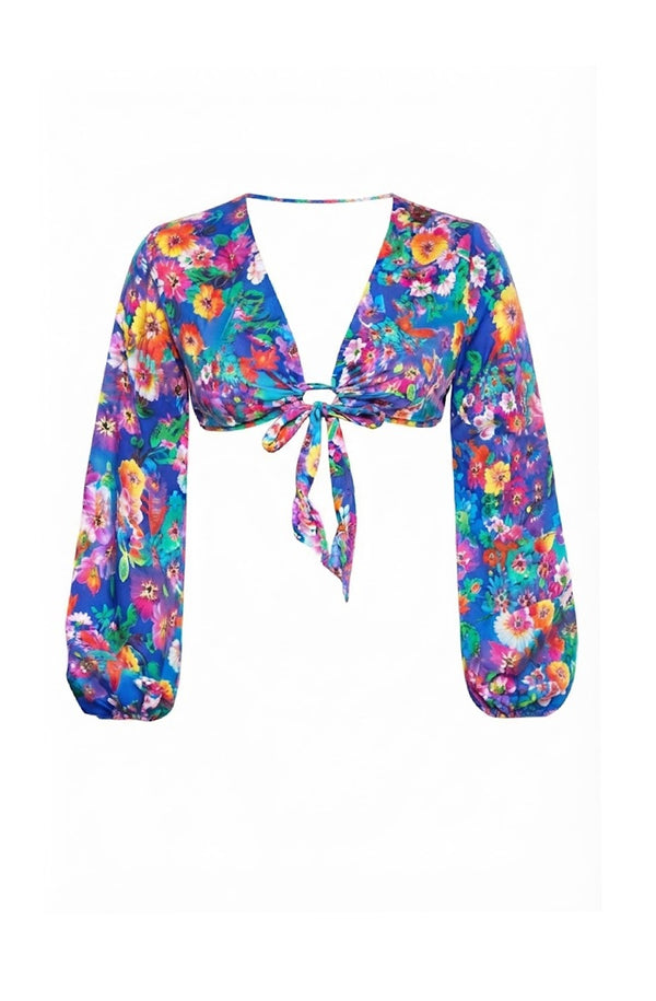 LULI FAMA Women Water Blossoms Tie Front Crop Top