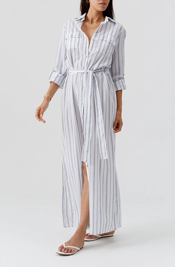 MELISSA ODABASH Women Darcy Stripe Linen Midi Shirt Dress