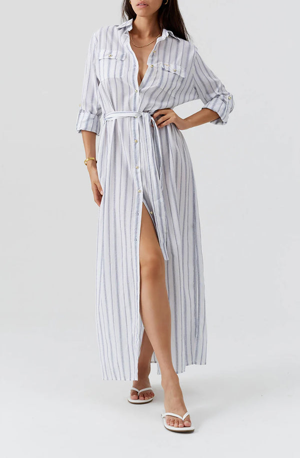 MELISSA ODABASH Women Darcy Stripe Linen Midi Shirt Dress